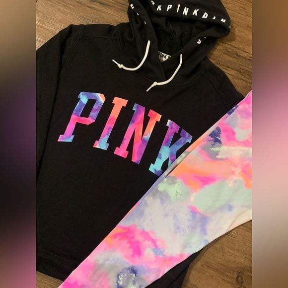 PINK VS WATERCOLOR HOODIE/ WATERCOLOR YOGA LEGGINGS PANTS - Picture 2 of 14